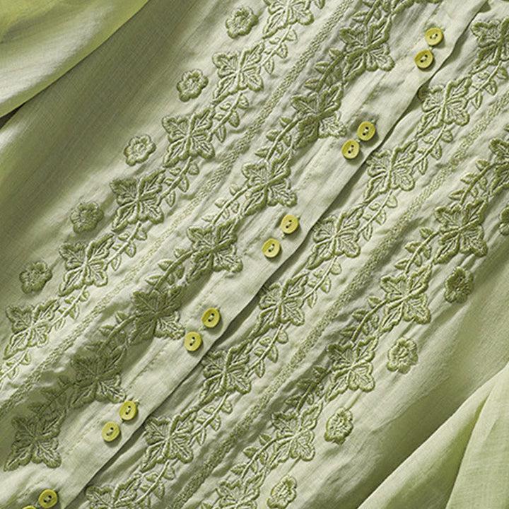 Camicia da donna in cotone e lino con risvolto, manica a tre quarti, motivo floreale, Buddha Stones - image 3