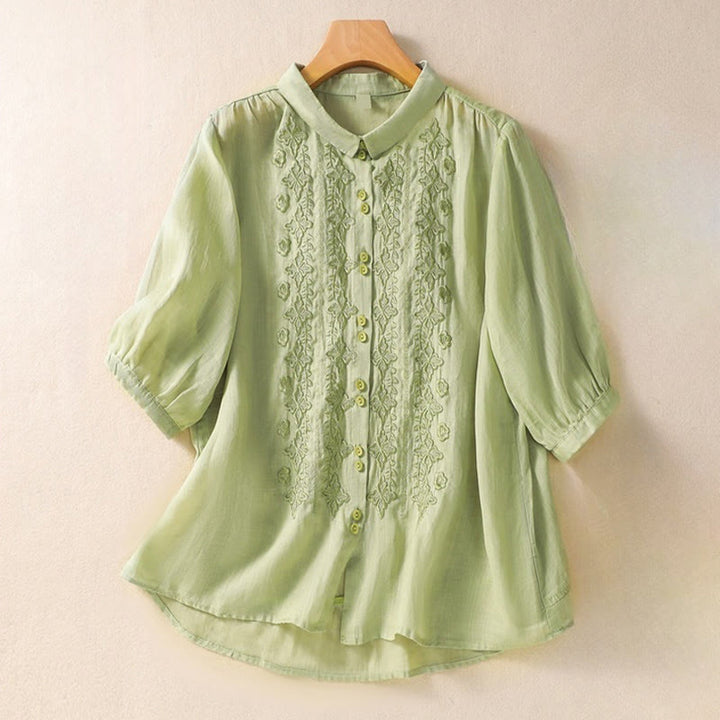 Camicia da donna in cotone e lino con risvolto, manica a tre quarti, motivo floreale, Buddha Stones - Verde pallido - US12, UK/AU16, EU44 (2XL) - image 0