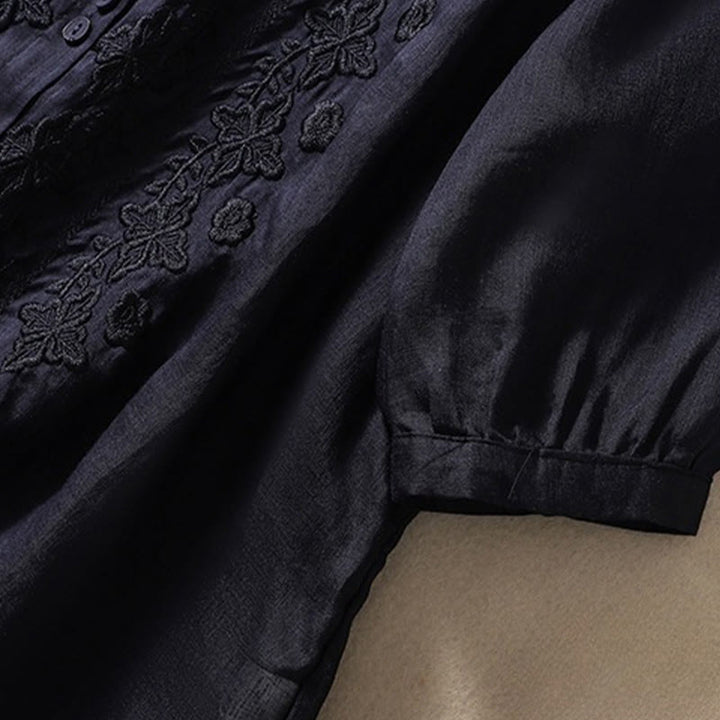 Camicia da donna in cotone e lino con risvolto, manica a tre quarti, motivo floreale, Buddha Stones - image 30