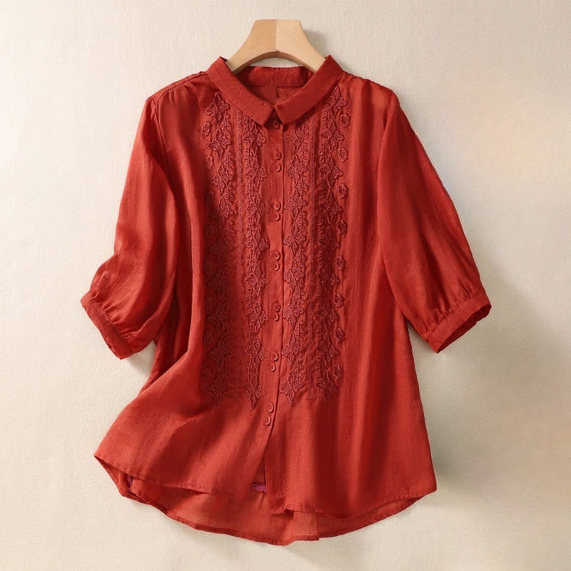Camicia da donna in cotone e lino con risvolto, manica a tre quarti, motivo floreale, Buddha Stones - Rosso - US12, UK/AU16, EU44 (2XL) - image 19