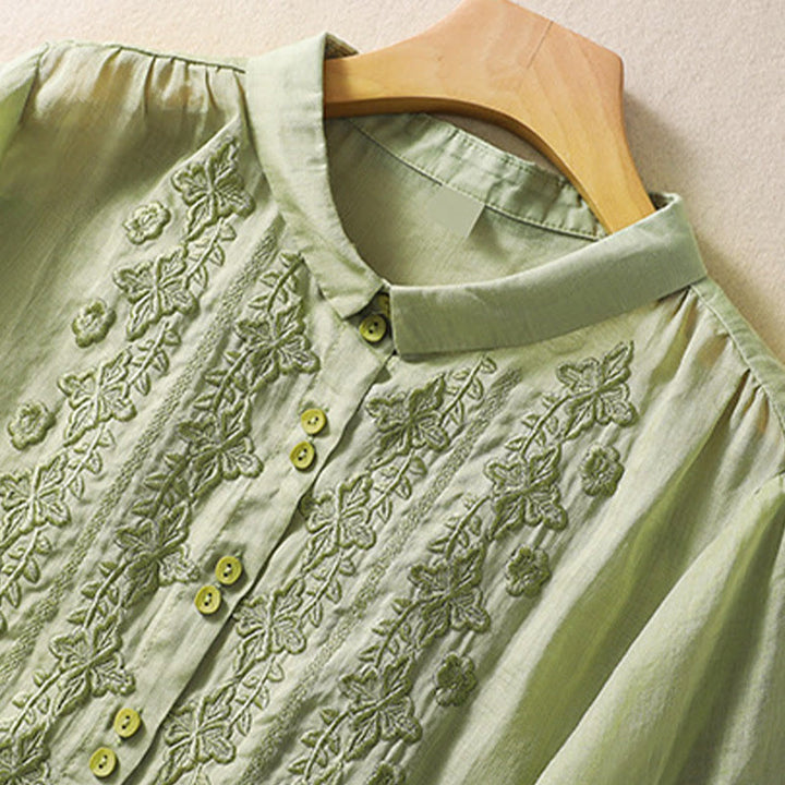 Camicia da donna in cotone e lino con risvolto, manica a tre quarti, motivo floreale, Buddha Stones - image 2