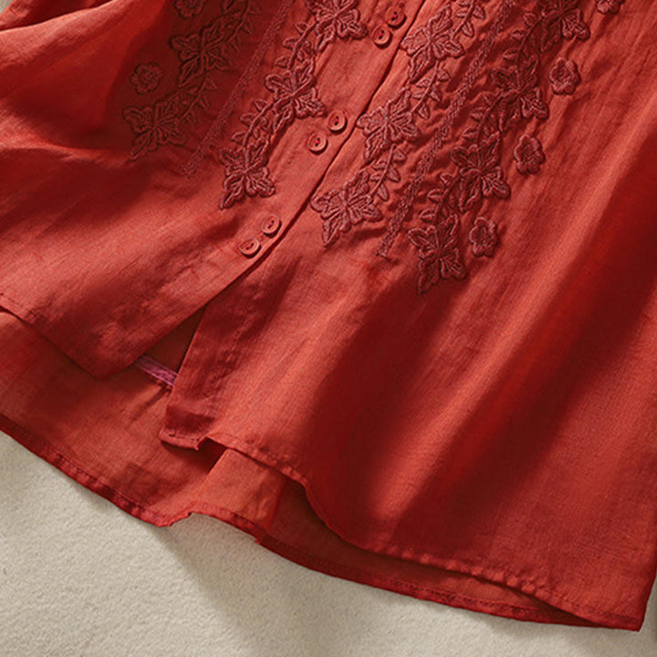 Camicia da donna in cotone e lino con risvolto, manica a tre quarti, motivo floreale, Buddha Stones - image 25