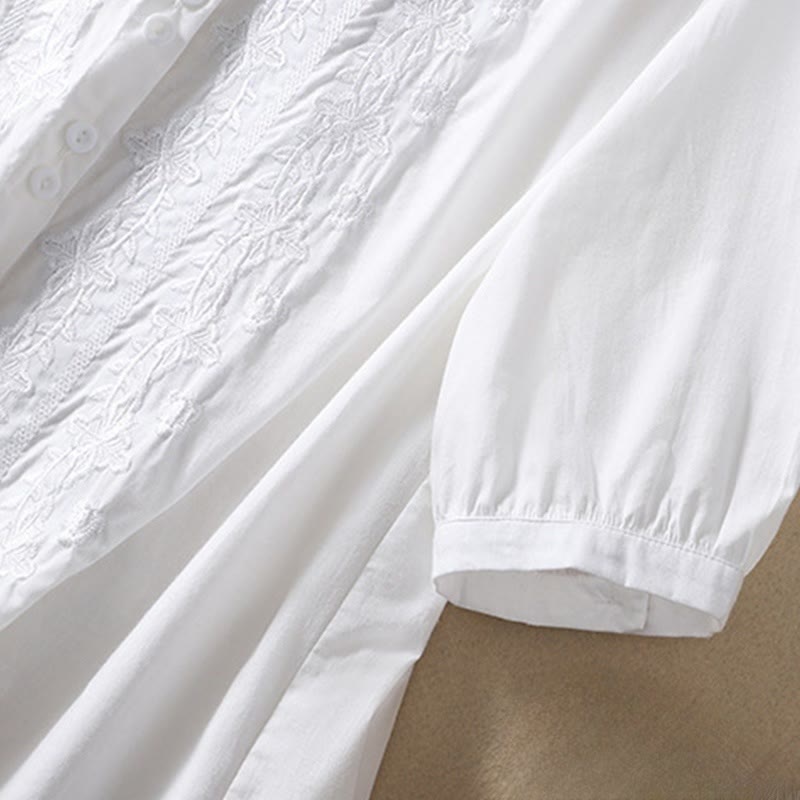 Camicia da donna in cotone e lino con risvolto, manica a tre quarti, motivo floreale, Buddha Stones - image 9