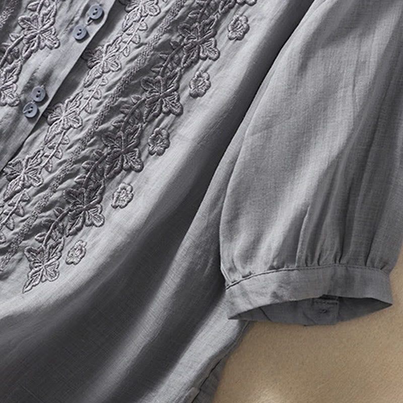 Camicia da donna in cotone e lino con risvolto, manica a tre quarti, motivo floreale, Buddha Stones - image 17