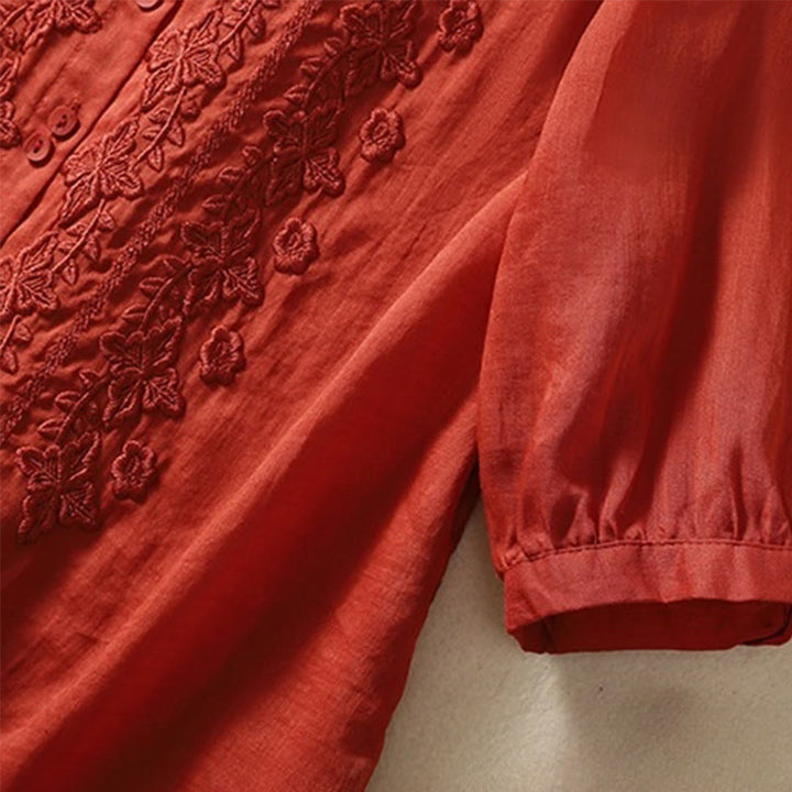 Camicia da donna in cotone e lino con risvolto, manica a tre quarti, motivo floreale, Buddha Stones - image 24