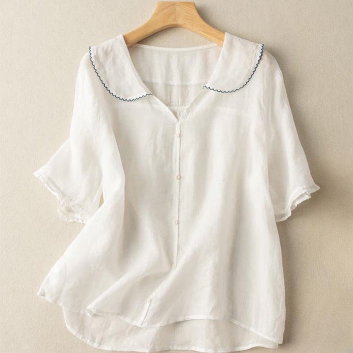 Camicia da donna in cotone con collo medio, manica corta, casual e semplice, con bottoni e motivo Buddha Stones
