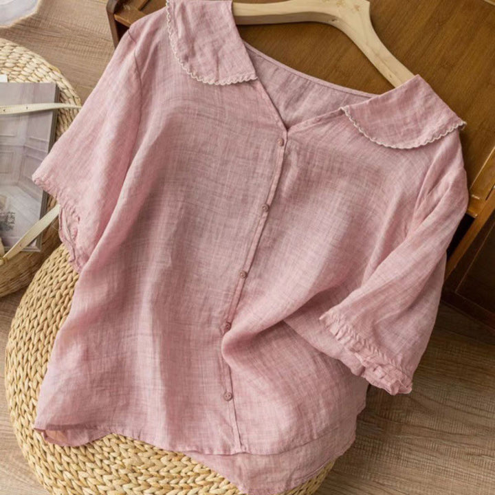 Camicia da donna in cotone con collo medio, manica corta, casual e semplice, con bottoni e motivo Buddha Stones