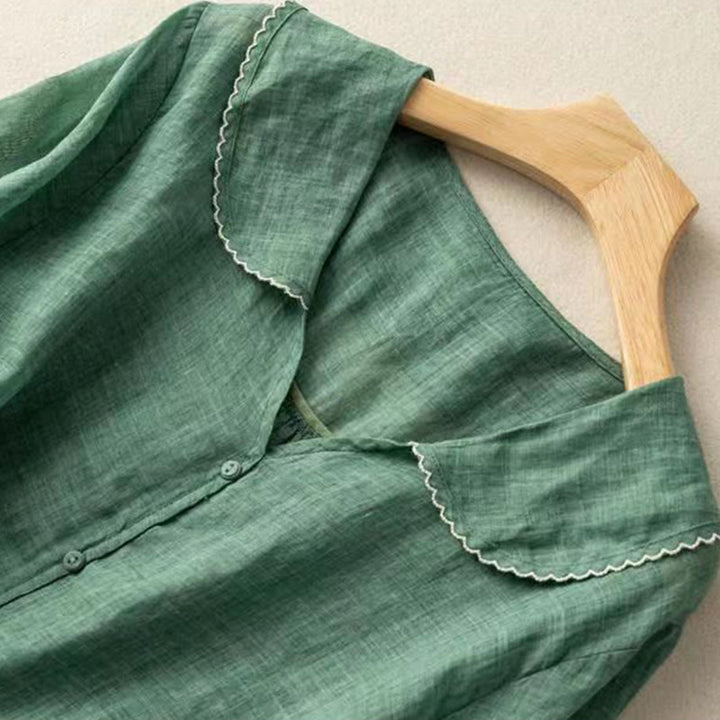 Camicia da donna in cotone con collo medio, manica corta, casual e semplice, con bottoni e motivo Buddha Stones