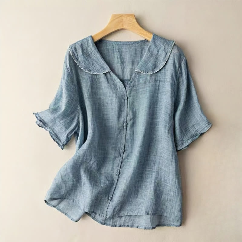 Camicia da donna in cotone con collo medio, manica corta, casual e semplice, con bottoni e motivo Buddha Stones