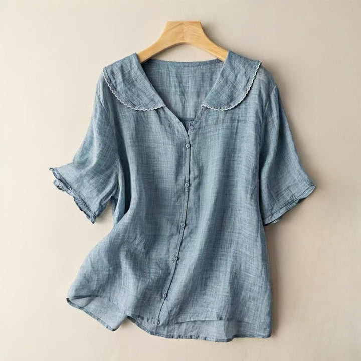 Camicia da donna in cotone con collo medio, manica corta, casual e semplice, con bottoni e motivo Buddha Stones