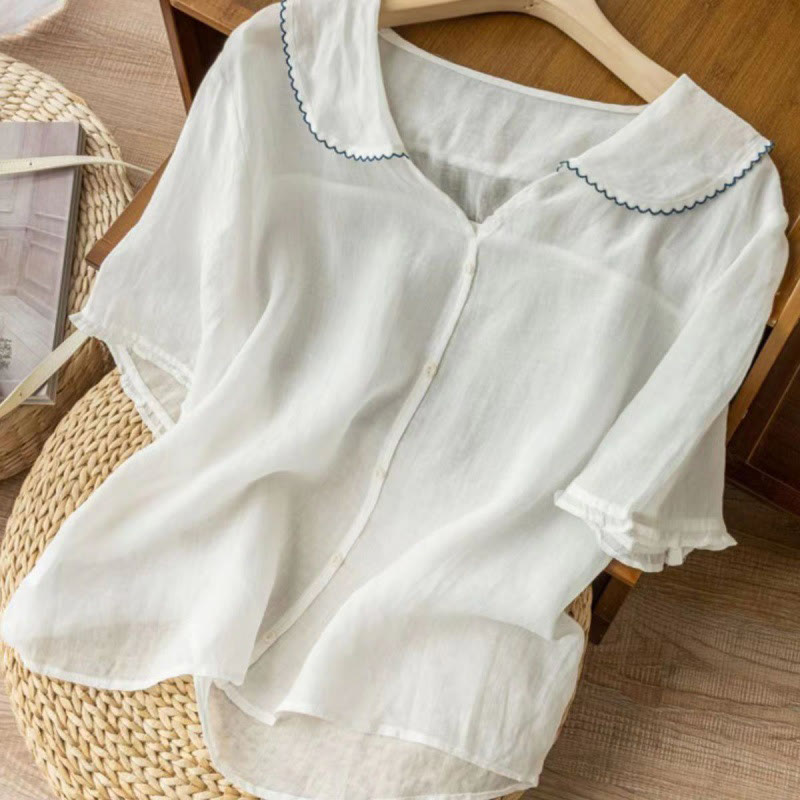 Camicia da donna in cotone con collo medio, manica corta, casual e semplice, con bottoni e motivo Buddha Stones