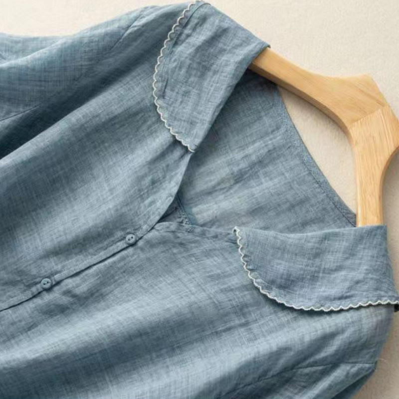 Camicia da donna in cotone con collo medio, manica corta, casual e semplice, con bottoni e motivo Buddha Stones