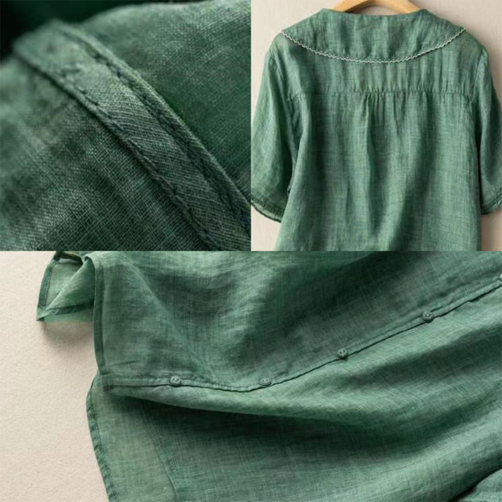 Camicia da donna in cotone con collo medio, manica corta, casual e semplice, con bottoni e motivo Buddha Stones