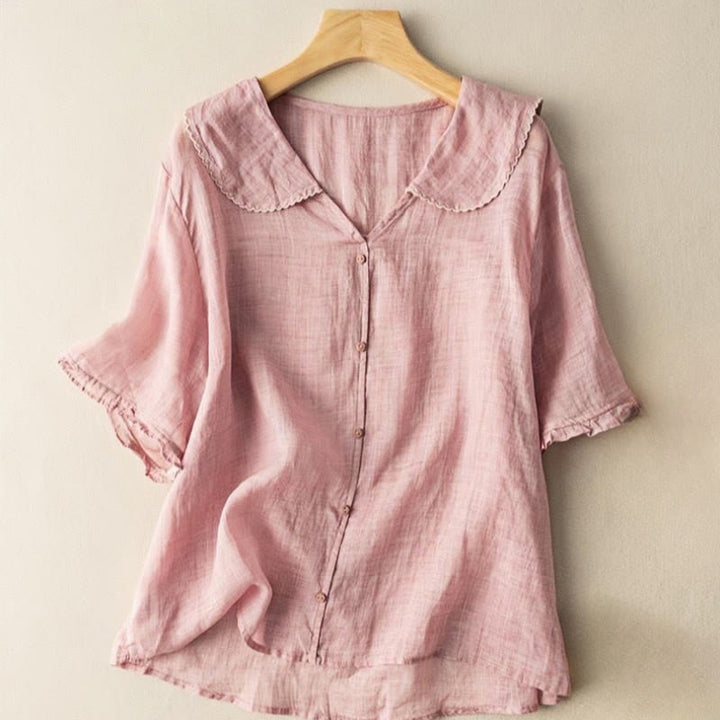 Camicia da donna in cotone con collo medio, manica corta, casual e semplice, con bottoni e motivo Buddha Stones