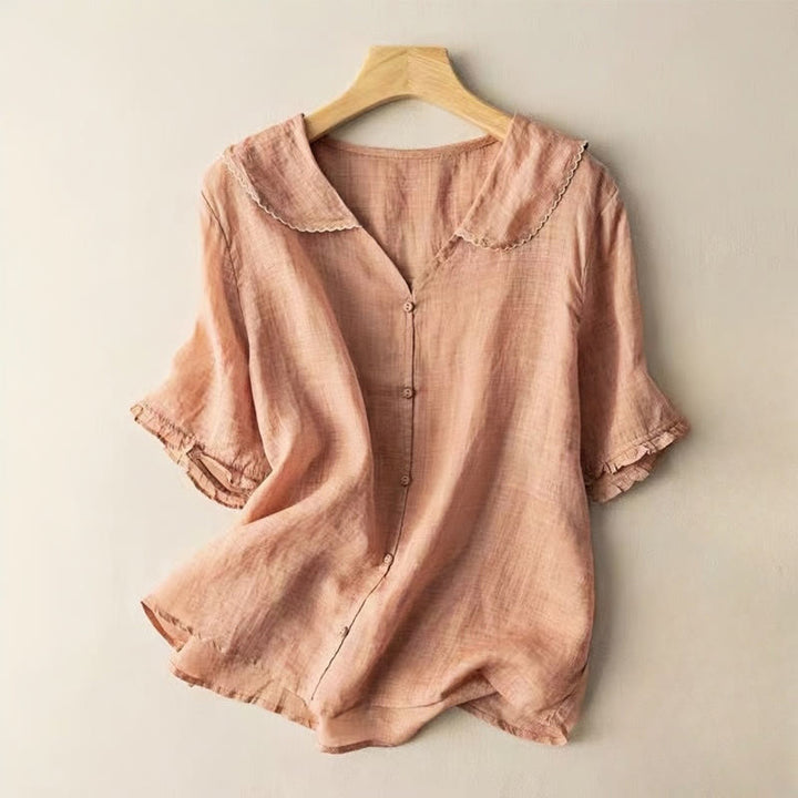 Camicia da donna in cotone con collo medio, manica corta, casual e semplice, con bottoni e motivo Buddha Stones