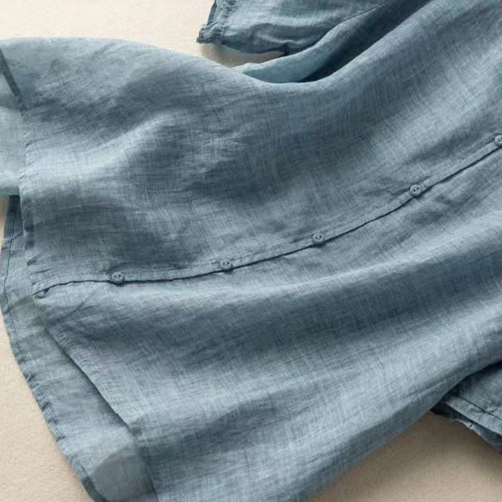 Camicia da donna in cotone con collo medio, manica corta, casual e semplice, con bottoni e motivo Buddha Stones