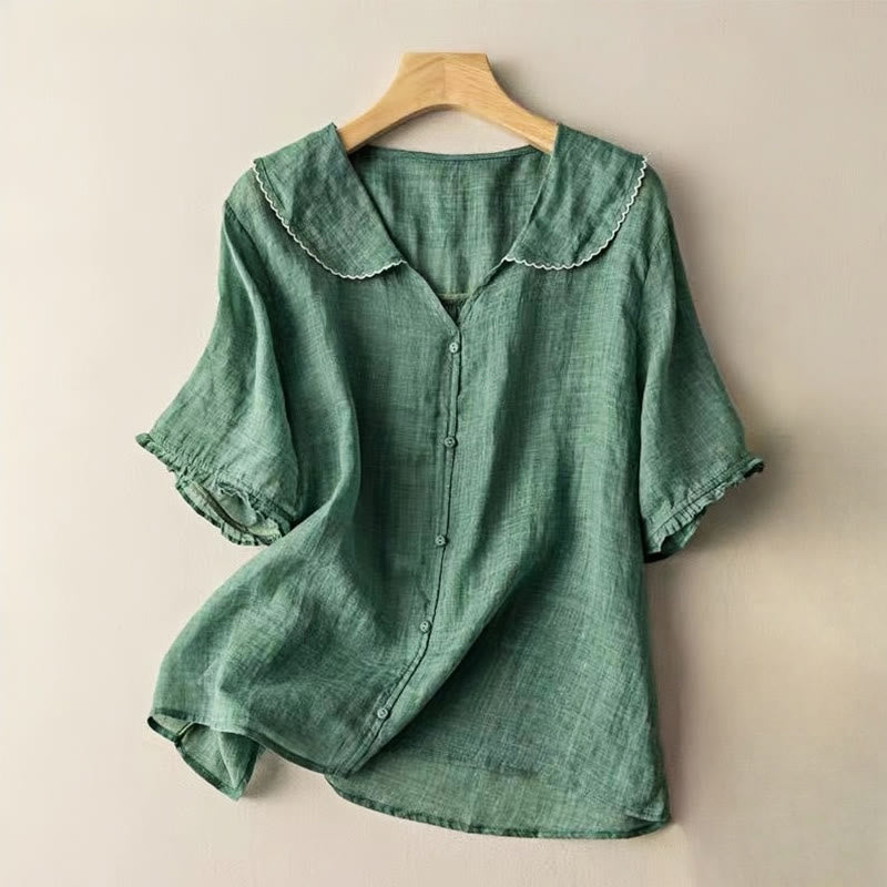 Camicia da donna in cotone con collo medio, manica corta, casual e semplice, con bottoni e motivo Buddha Stones