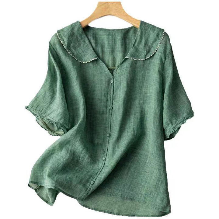 Camicia da donna in cotone con collo medio, manica corta, casual e semplice, con bottoni e motivo Buddha Stones