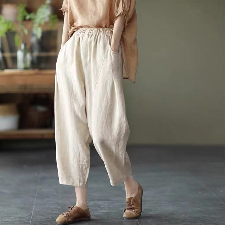 Pantaloni harem da donna in cotone e lino con tasche, modello Buddha Stones, casual, estivi, con cuciture semplici