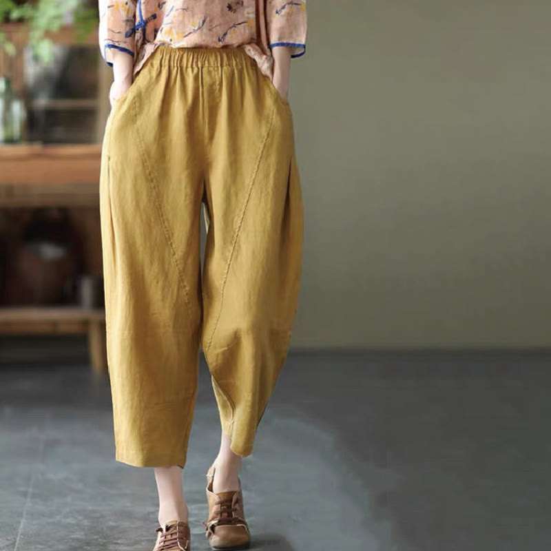 Pantaloni harem da donna in cotone e lino con tasche, modello Buddha Stones, casual, estivi, con cuciture semplici