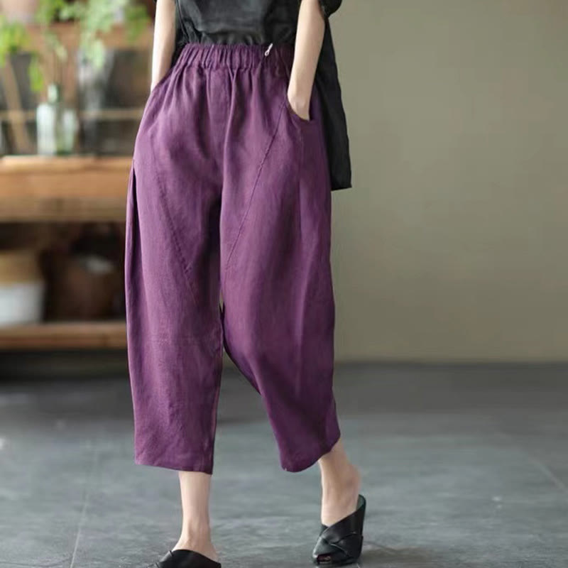 Pantaloni harem da donna in cotone e lino con tasche, modello Buddha Stones, casual, estivi, con cuciture semplici