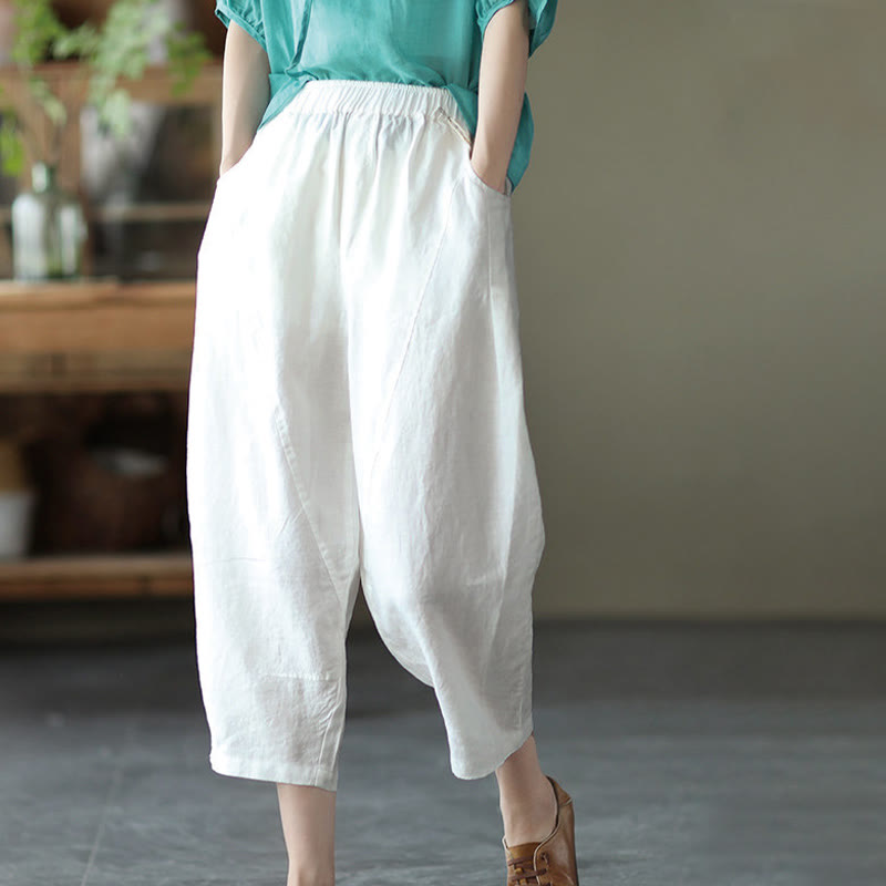 Pantaloni harem da donna in cotone e lino con tasche, modello Buddha Stones, casual, estivi, con cuciture semplici