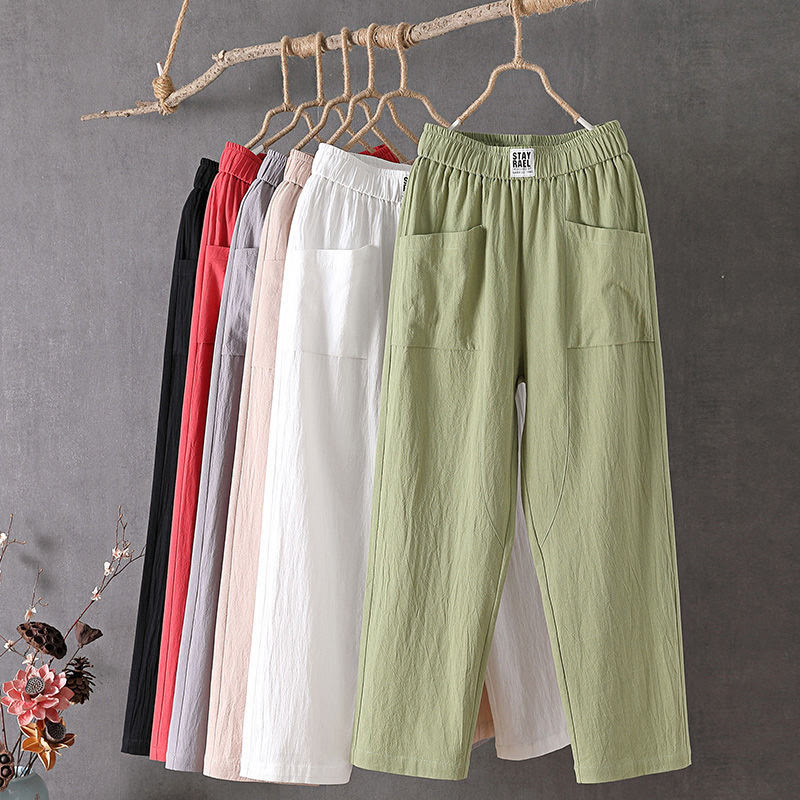 Pantaloni harem da donna in cotone e lino con elastico in vita, colore puro, con tasche, modello Buddha Stones
