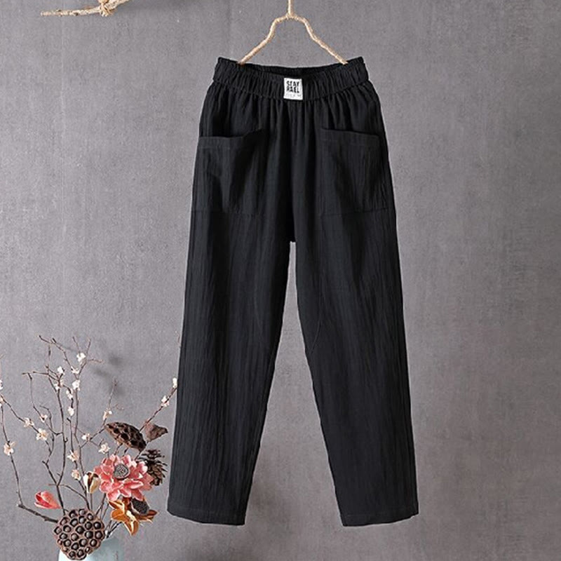 Pantaloni harem da donna in cotone e lino con elastico in vita, colore puro, con tasche, modello Buddha Stones