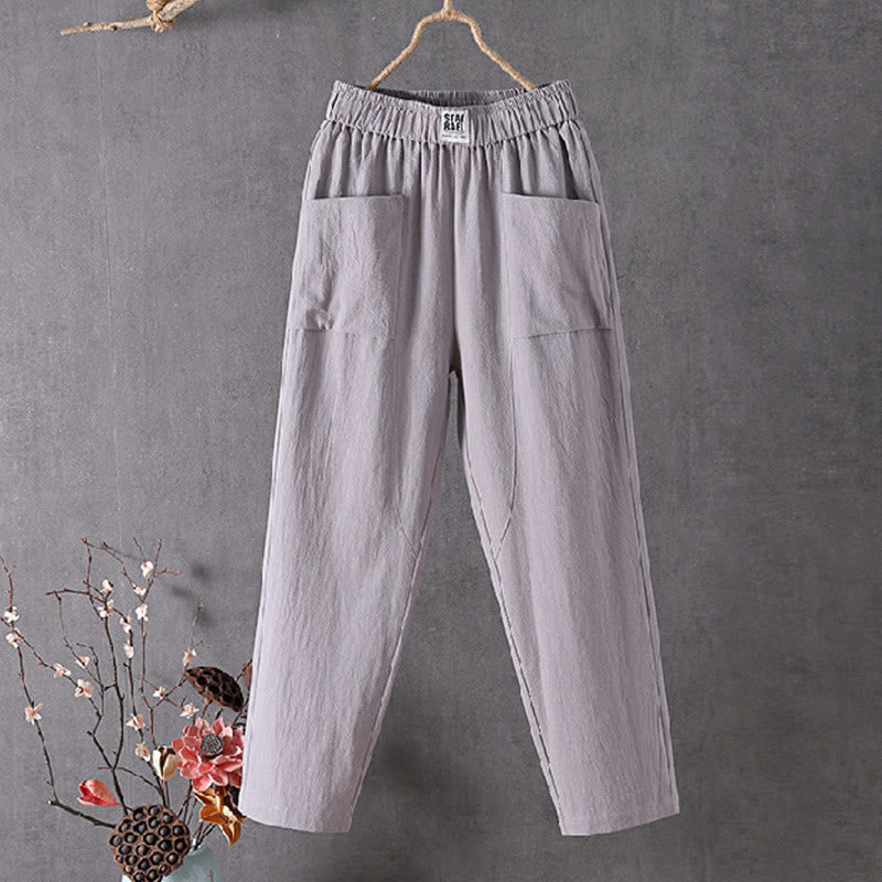 Pantaloni harem da donna in cotone e lino con elastico in vita, colore puro, con tasche, modello Buddha Stones