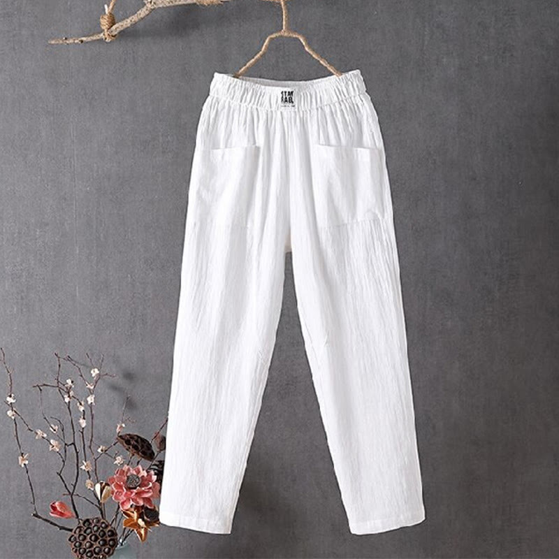 Pantaloni harem da donna in cotone e lino con elastico in vita, colore puro, con tasche, modello Buddha Stones