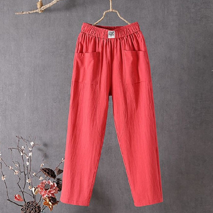 Pantaloni harem da donna in cotone e lino con elastico in vita, colore puro, con tasche, modello Buddha Stones