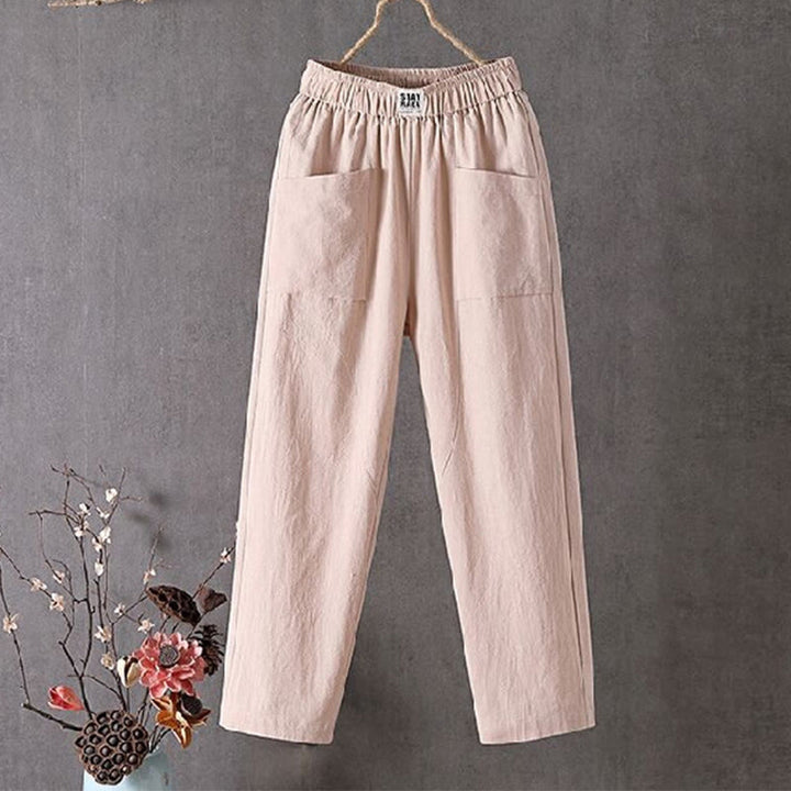 Pantaloni harem da donna in cotone e lino con elastico in vita, colore puro, con tasche, modello Buddha Stones
