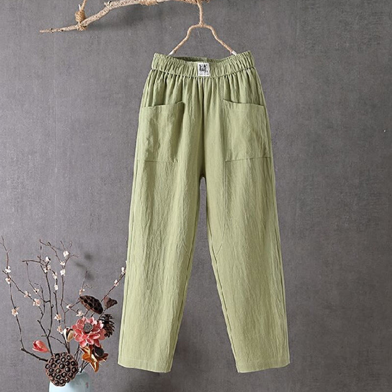 Pantaloni harem da donna in cotone e lino con elastico in vita, colore puro, con tasche, modello Buddha Stones