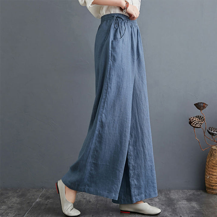 Pantaloni a gamba larga da donna in cotone e lino con tasche, design semplice e a vita alta, Buddha Stones