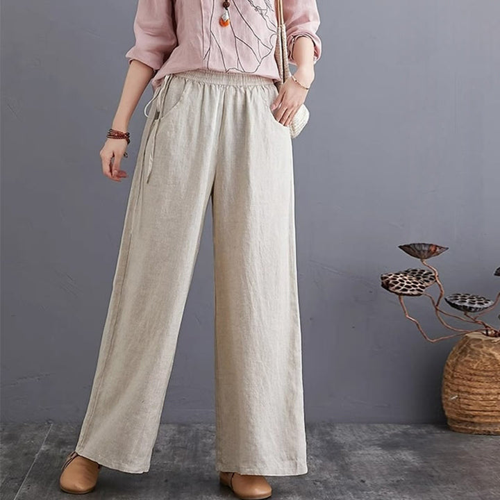Pantaloni a gamba larga da donna in cotone e lino con tasche, design semplice e a vita alta, Buddha Stones