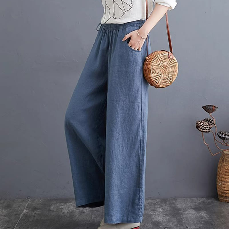 Pantaloni a gamba larga da donna in cotone e lino con tasche, design semplice e a vita alta, Buddha Stones