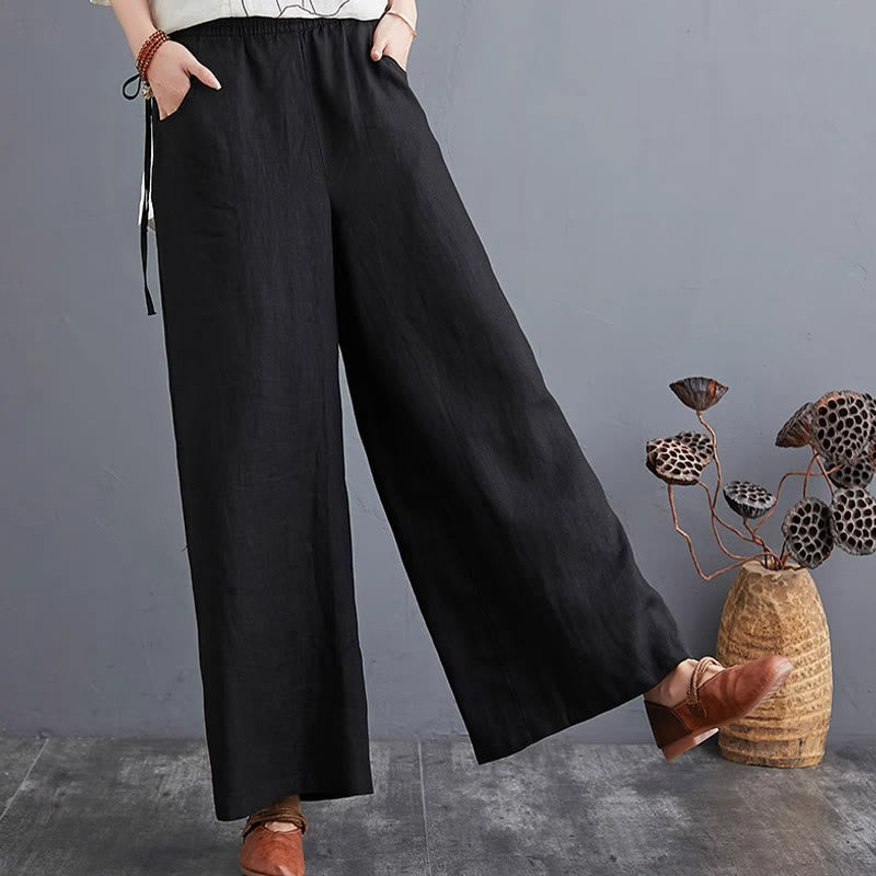 Pantaloni a gamba larga da donna in cotone e lino con tasche, design semplice e a vita alta, Buddha Stones