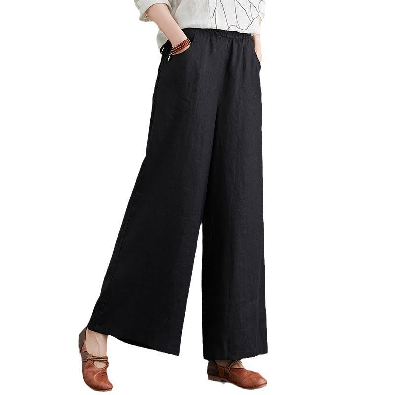 Pantaloni a gamba larga da donna in cotone e lino con tasche, design semplice e a vita alta, Buddha Stones