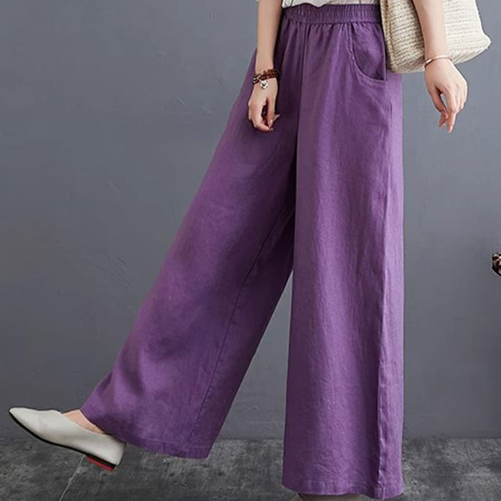 Pantaloni a gamba larga da donna in cotone e lino con tasche, design semplice e a vita alta, Buddha Stones
