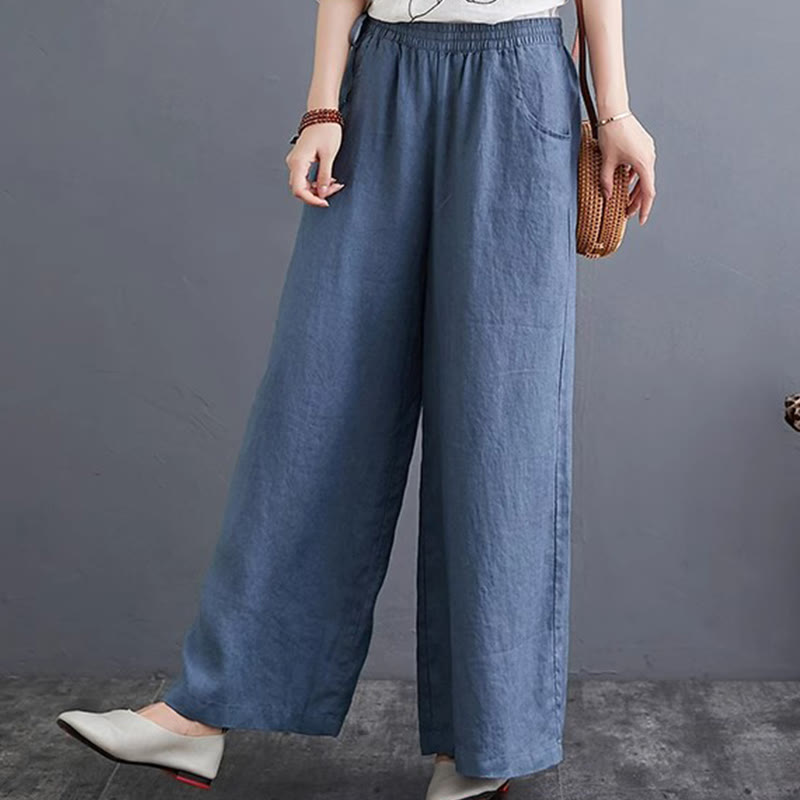 Pantaloni a gamba larga da donna in cotone e lino con tasche, design semplice e a vita alta, Buddha Stones