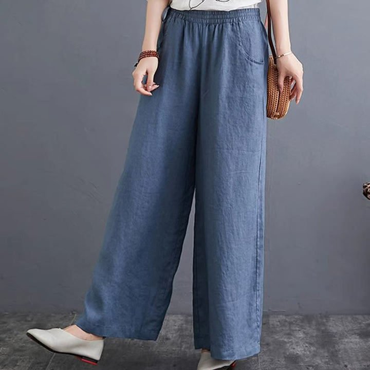 Pantaloni a gamba larga da donna in cotone e lino con tasche, design semplice e a vita alta, Buddha Stones