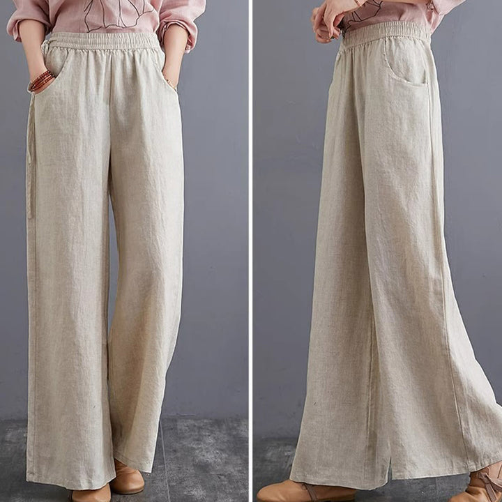 Pantaloni a gamba larga da donna in cotone e lino con tasche, design semplice e a vita alta, Buddha Stones