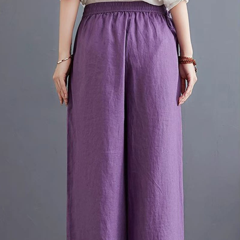 Pantaloni a gamba larga da donna in cotone e lino con tasche, design semplice e a vita alta, Buddha Stones