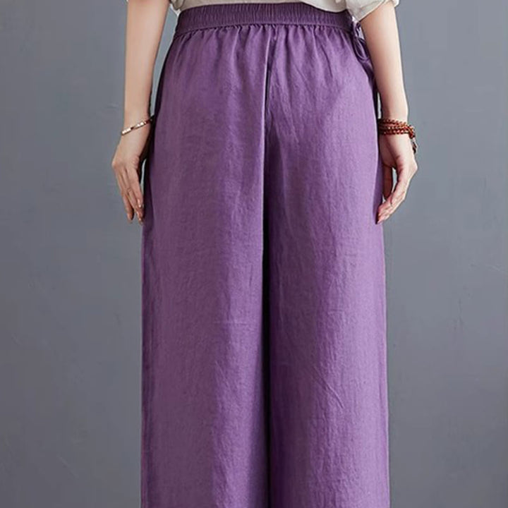 Pantaloni a gamba larga da donna in cotone e lino con tasche, design semplice e a vita alta, Buddha Stones