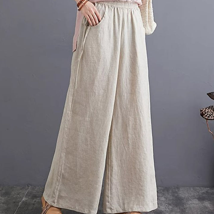 Pantaloni a gamba larga da donna in cotone e lino con tasche, design semplice e a vita alta, Buddha Stones