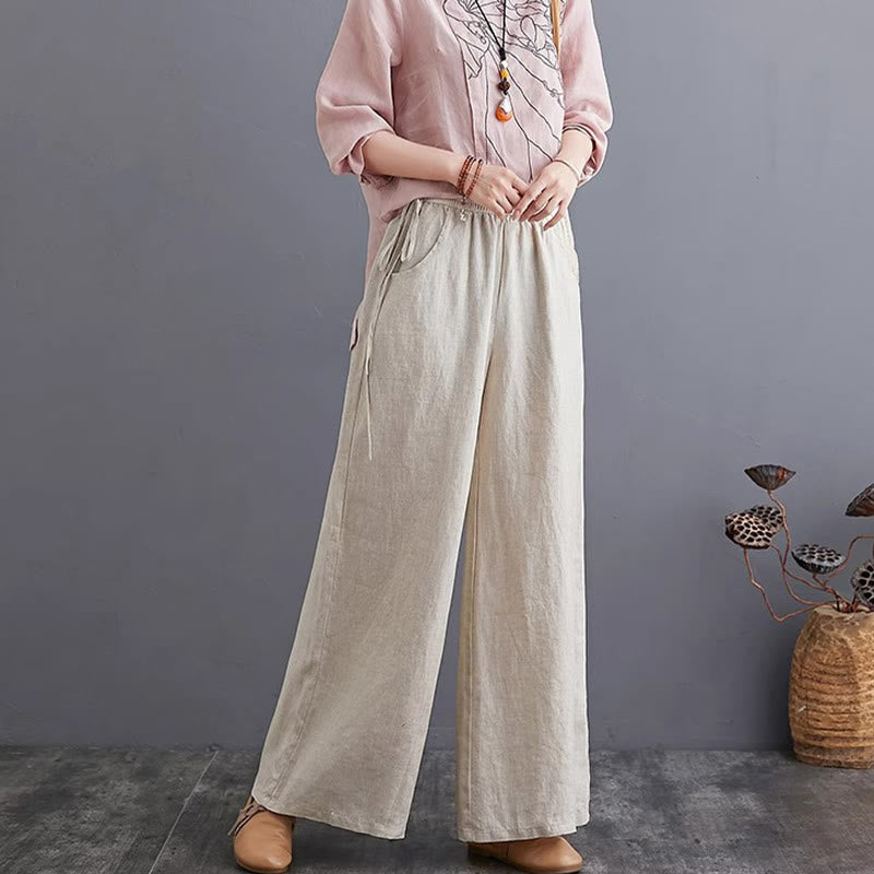 Pantaloni a gamba larga da donna in cotone e lino con tasche, design semplice e a vita alta, Buddha Stones