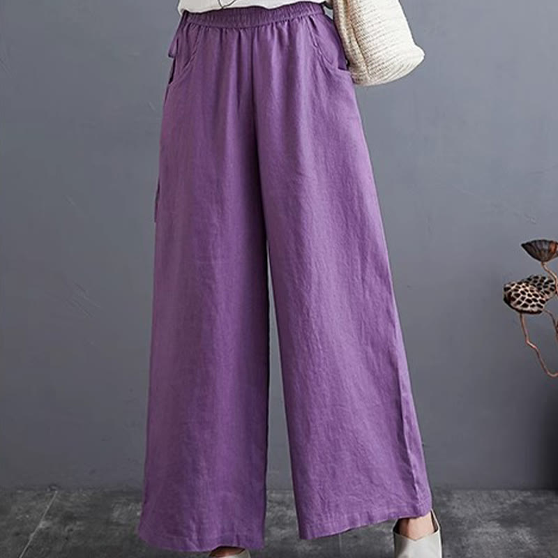 Pantaloni a gamba larga da donna in cotone e lino con tasche, design semplice e a vita alta, Buddha Stones