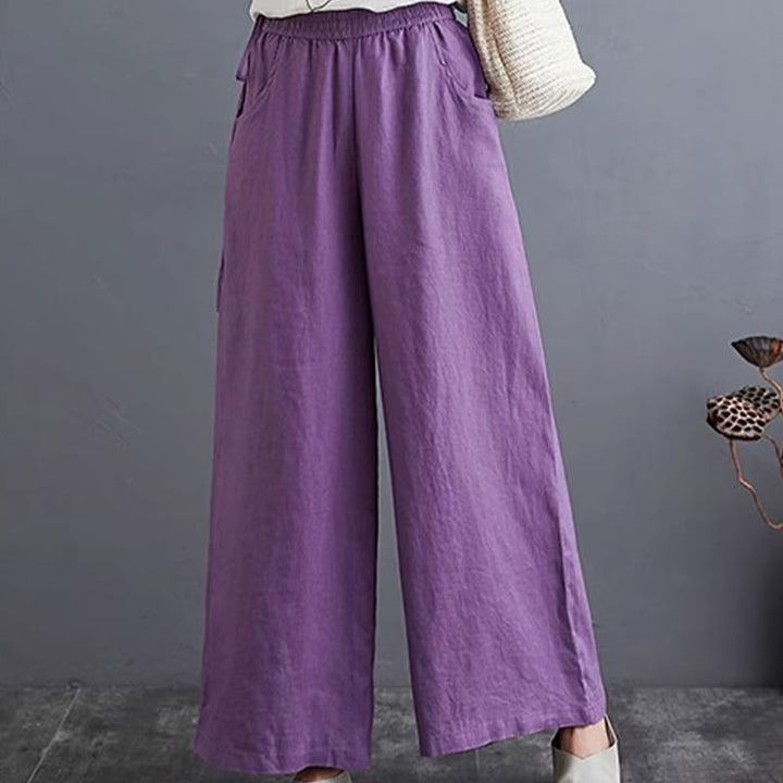 Pantaloni a gamba larga da donna in cotone e lino con tasche, design semplice e a vita alta, Buddha Stones
