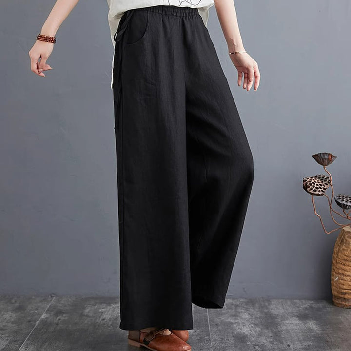 Pantaloni a gamba larga da donna in cotone e lino con tasche, design semplice e a vita alta, Buddha Stones