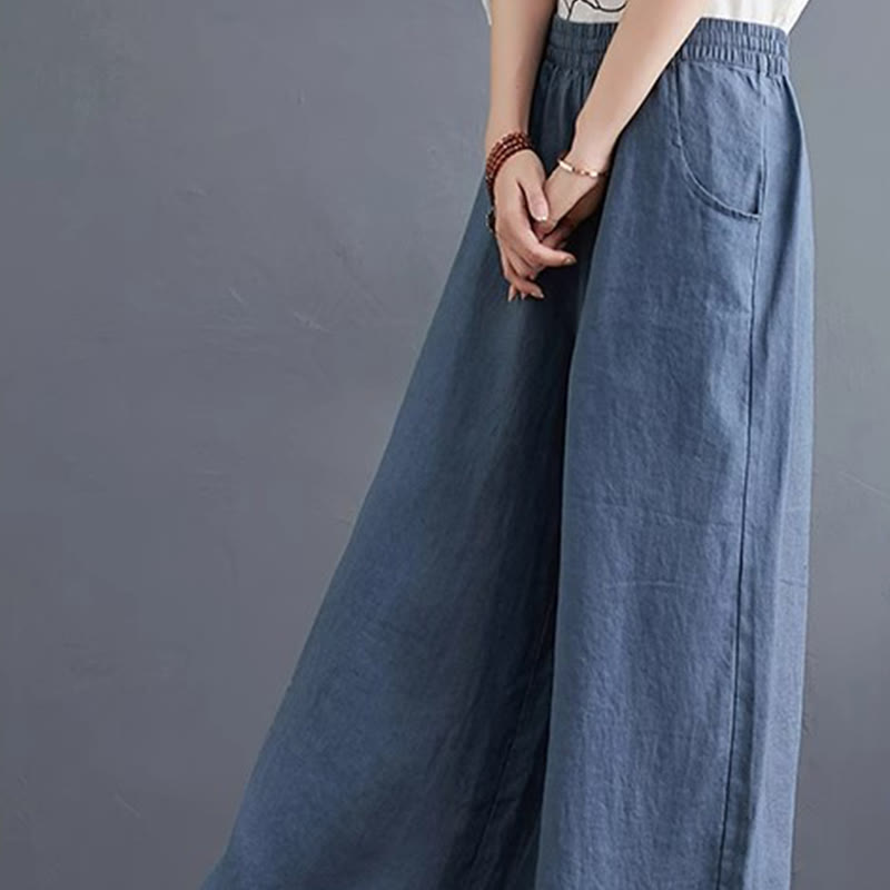 Pantaloni a gamba larga da donna in cotone e lino con tasche, design semplice e a vita alta, Buddha Stones